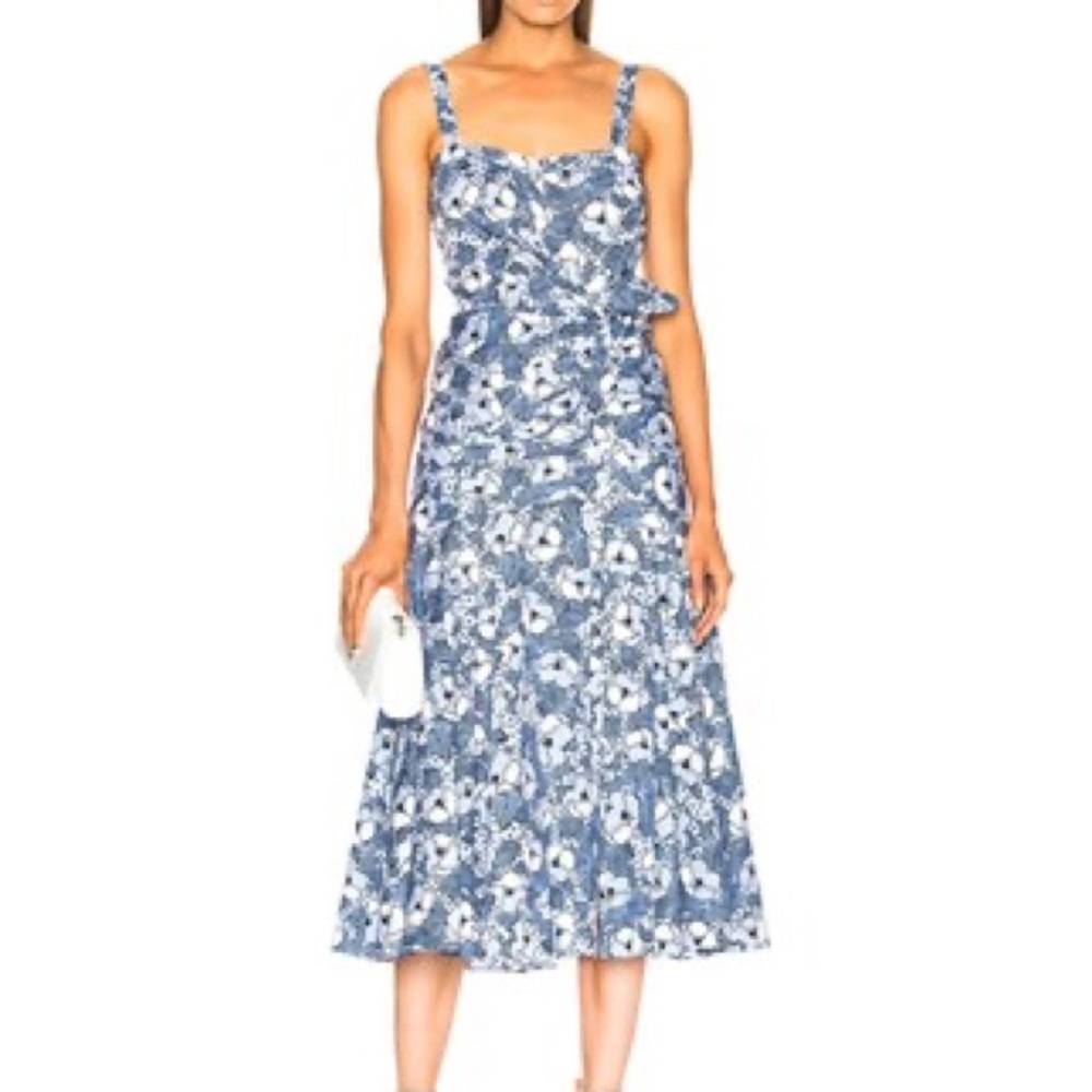 VERONICA BEARD MARENA GATHERED PRINTED FLORAL COTTON POPLIN MIDI DRESS sz 6